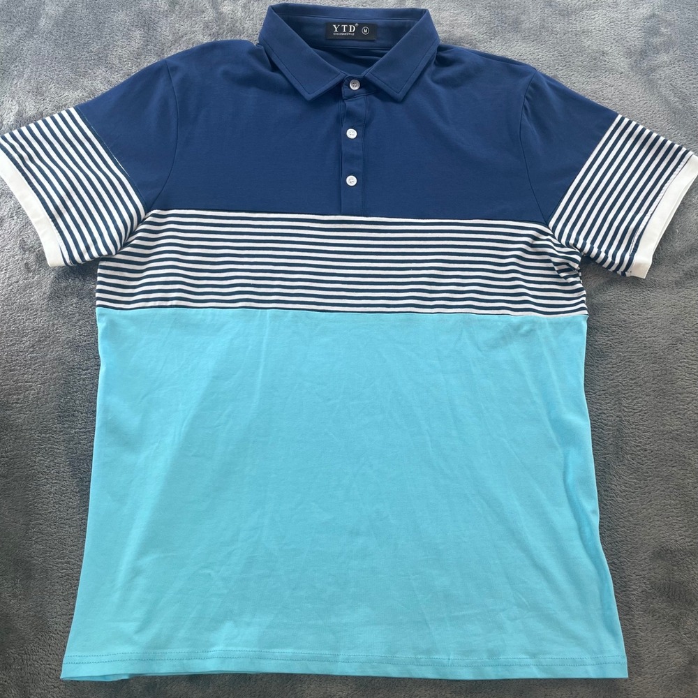 YTD Exclusive Style Mens Blue Stripe Color Block Short Sleeve Polo Shirt Medium